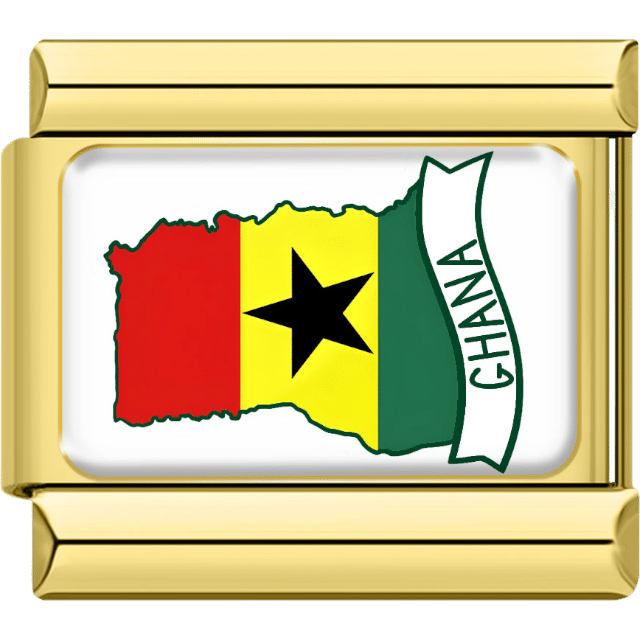 Gold-bordered Italian charm with the map of Ghana in red, yellow and green flag stripes with a black star in the center, and a banner reading “Ghana.”